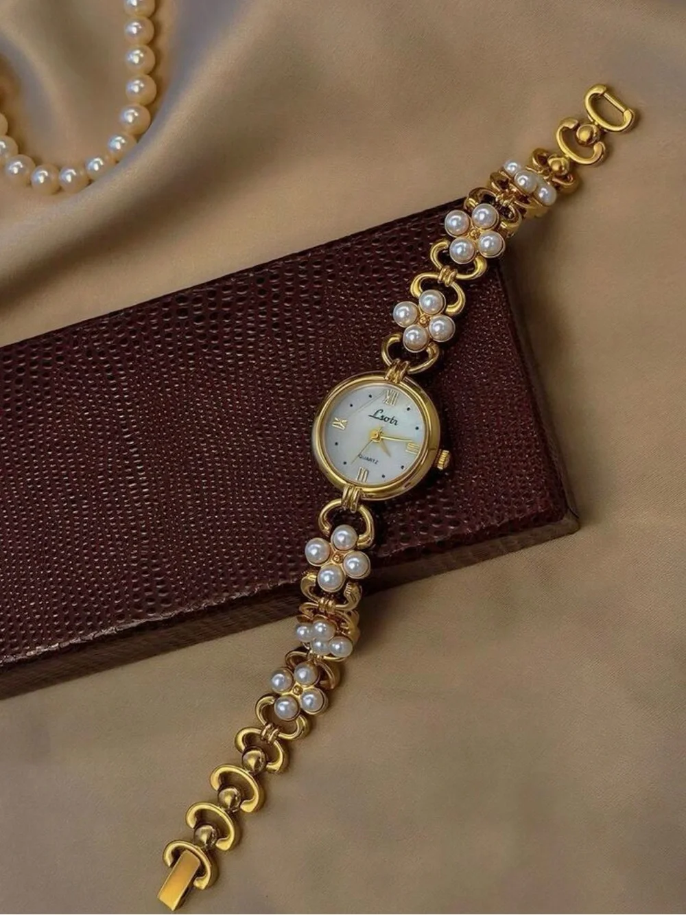 Anthropologie Gold Pearl Floral Link Watch